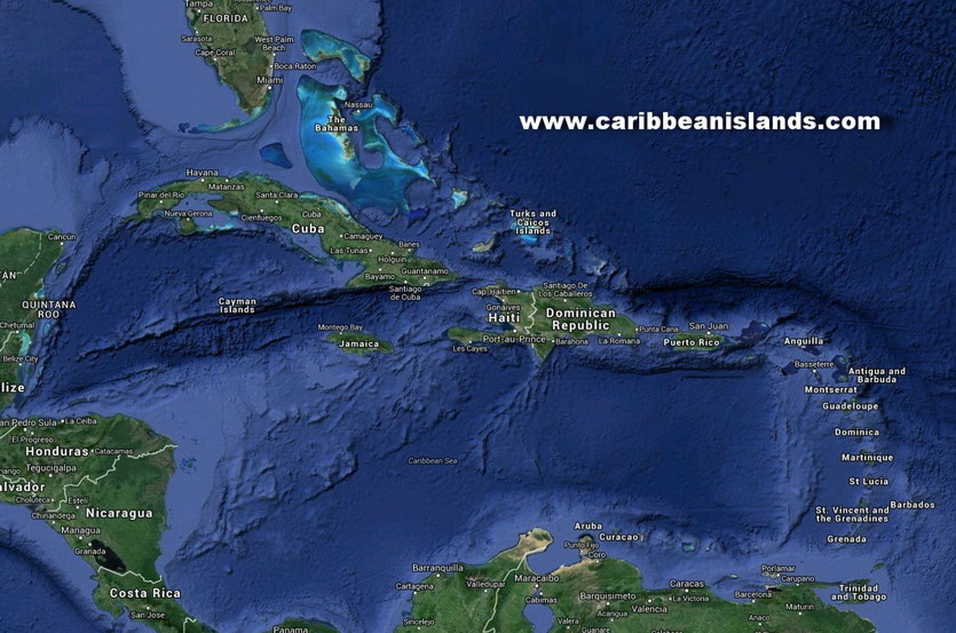 Карта Карибских островов, Карибского моря и стран Карибского бассейна